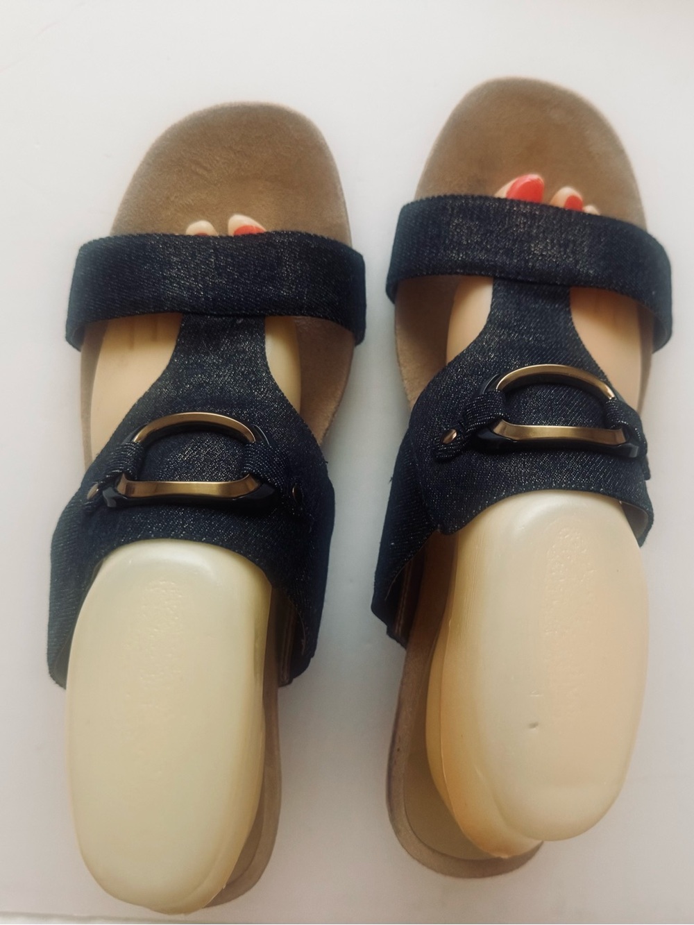 Anne Klein Women Akteela Wedge Sandals Size 11 M Navy Denim Gold Accent iflex